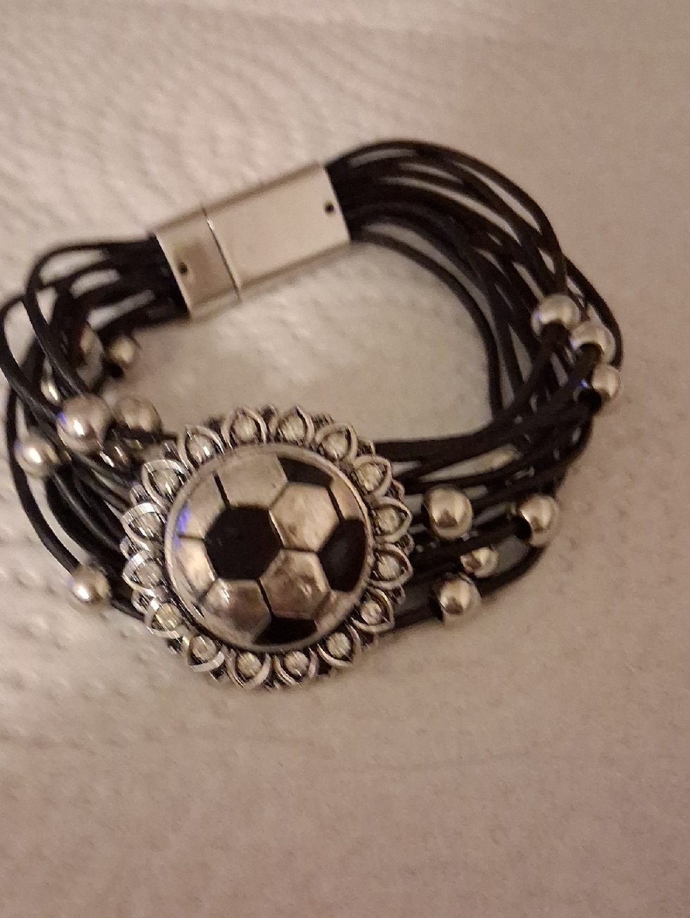 Black and Silver Soccer Charm Multi-Strand Bracelet by